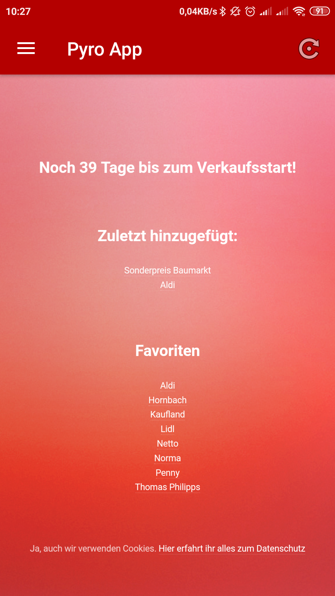 Pyro App: Startseite